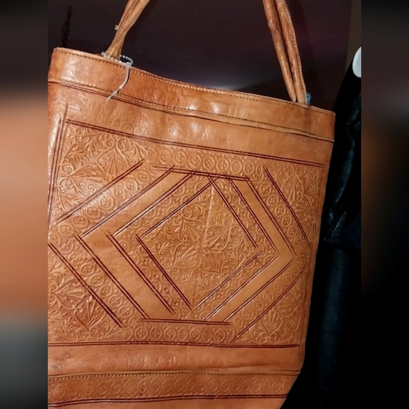 Navajo Western Leather Handbag Tote Hand Tooled 11"x12" - Picture 2 of 4